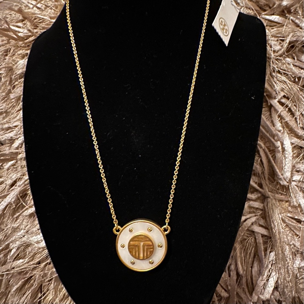 NEW Tory Burch 18K-Gold-Plated Logo Pendant Necklace 16-18”
